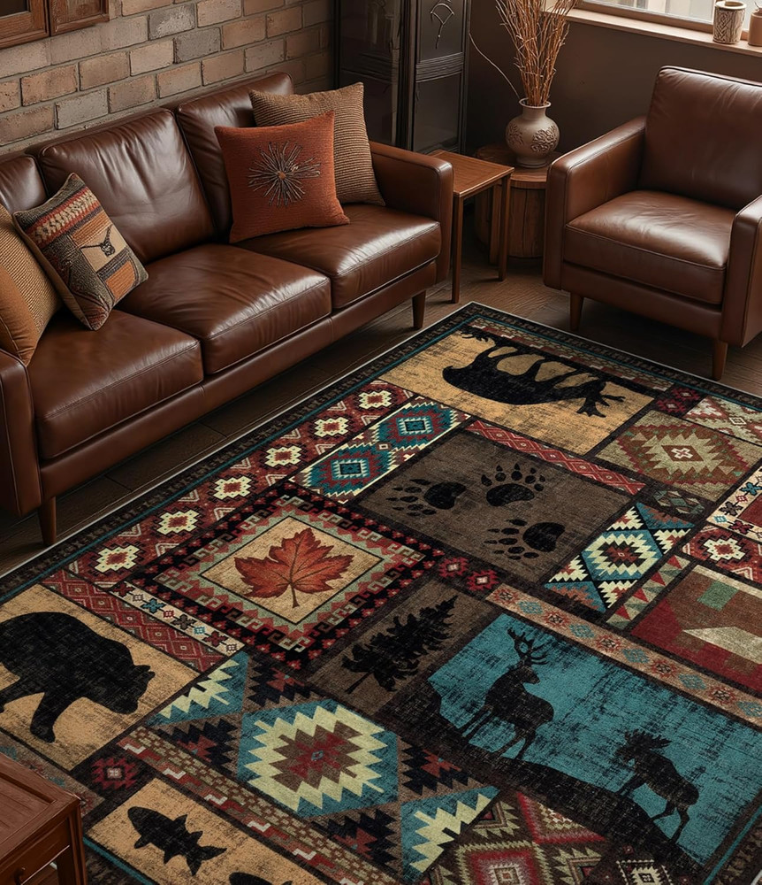 Rustic Cabin Area Rug 8X10,Machine Washable Lodge Bear Rug,Non-Slip Low Pile Pri
