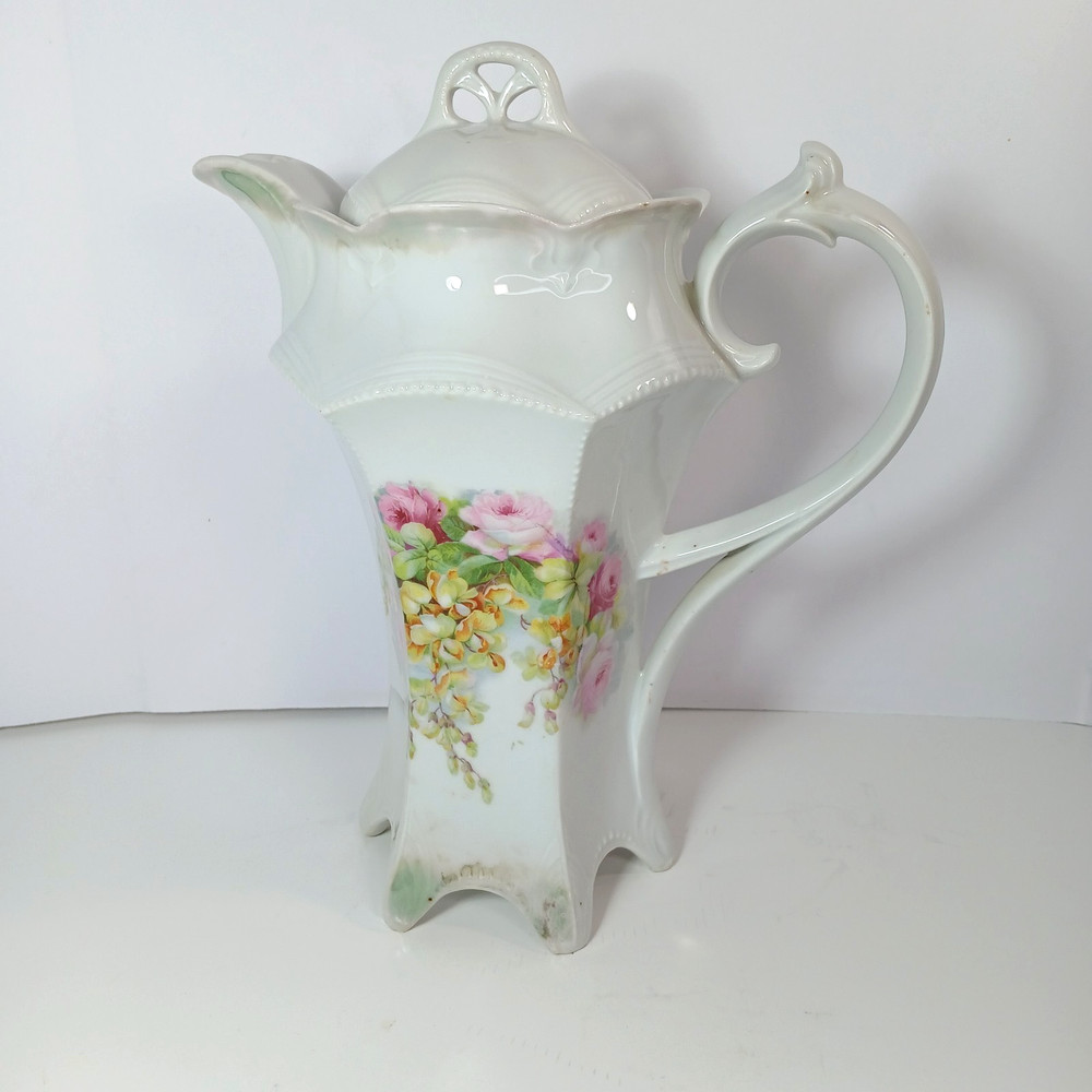 Vintage Porcelain Coffee/Tea Pot Hand-Painted Roses With Lid Germany Victorian