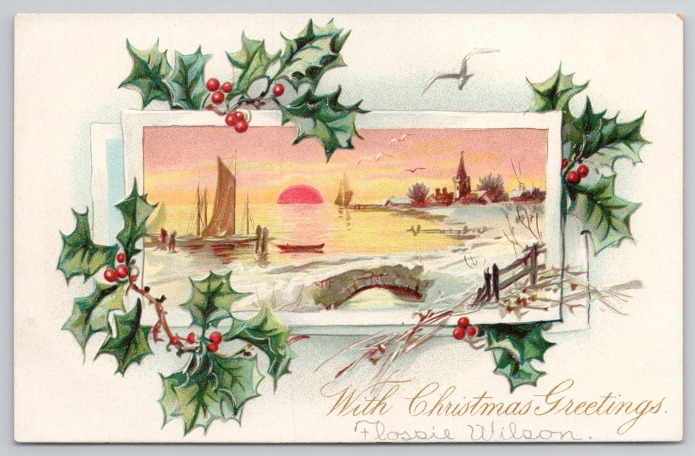 Raphael Tuck Christmas Greetings Embossed Holly Winter Sunset Postcard
