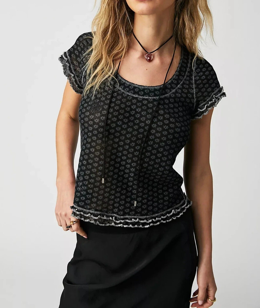 Free People Garner Tee Blouse Top Floral Printed Ruffle Short Sleeve S 286810