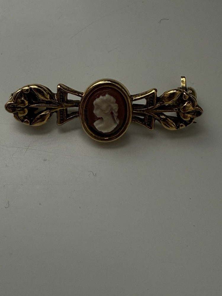 Vintage Resin Carved Cameo Ornate Gold Tone Oval Pin Brooch
