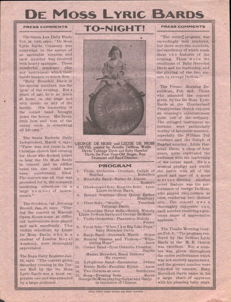 1900s DE MOSS LYRIC BARDS antique advertising flyer TRAVELING VAUDEVILLE BAND