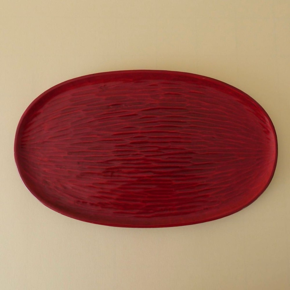 Carved Oval Tray Vermilion Lacquer Kamakura Carving Japanese Wooden Lacquerware