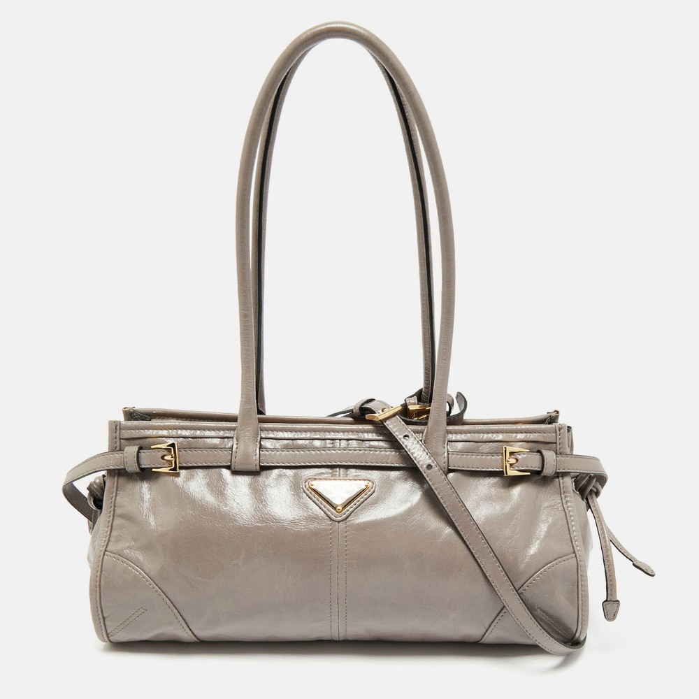 Prada Grey Vitello Shine Leather East West Tote Bag