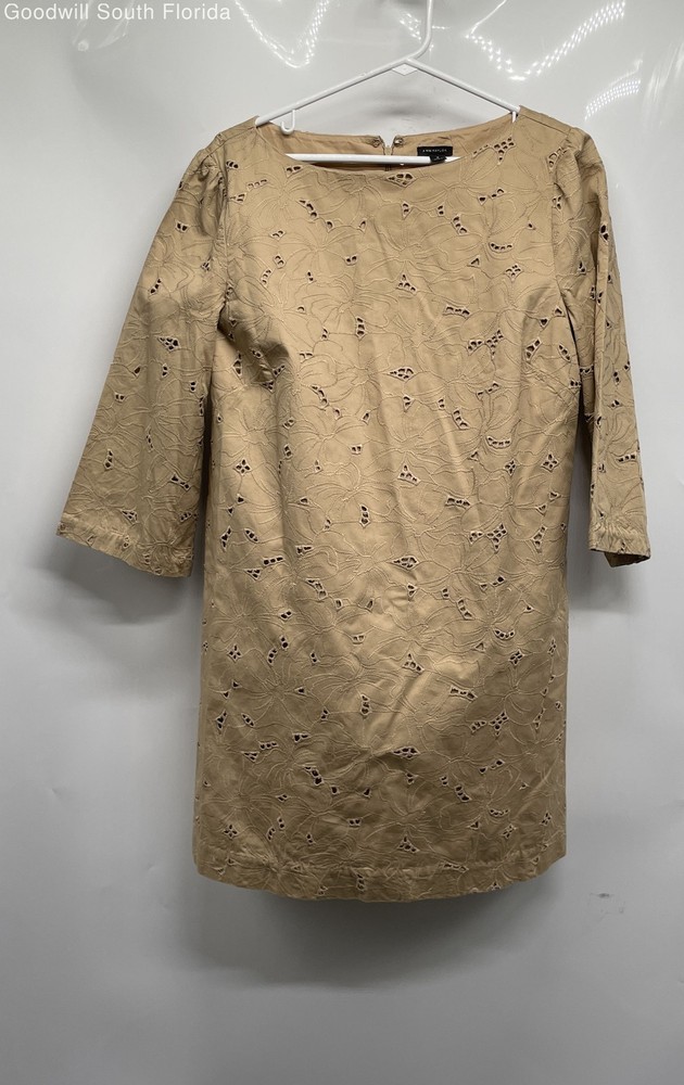 Ann Taylor Womens Brown Cotton 3/4 Sleeve Boat Neck Back Zip Shift Dress Size 10