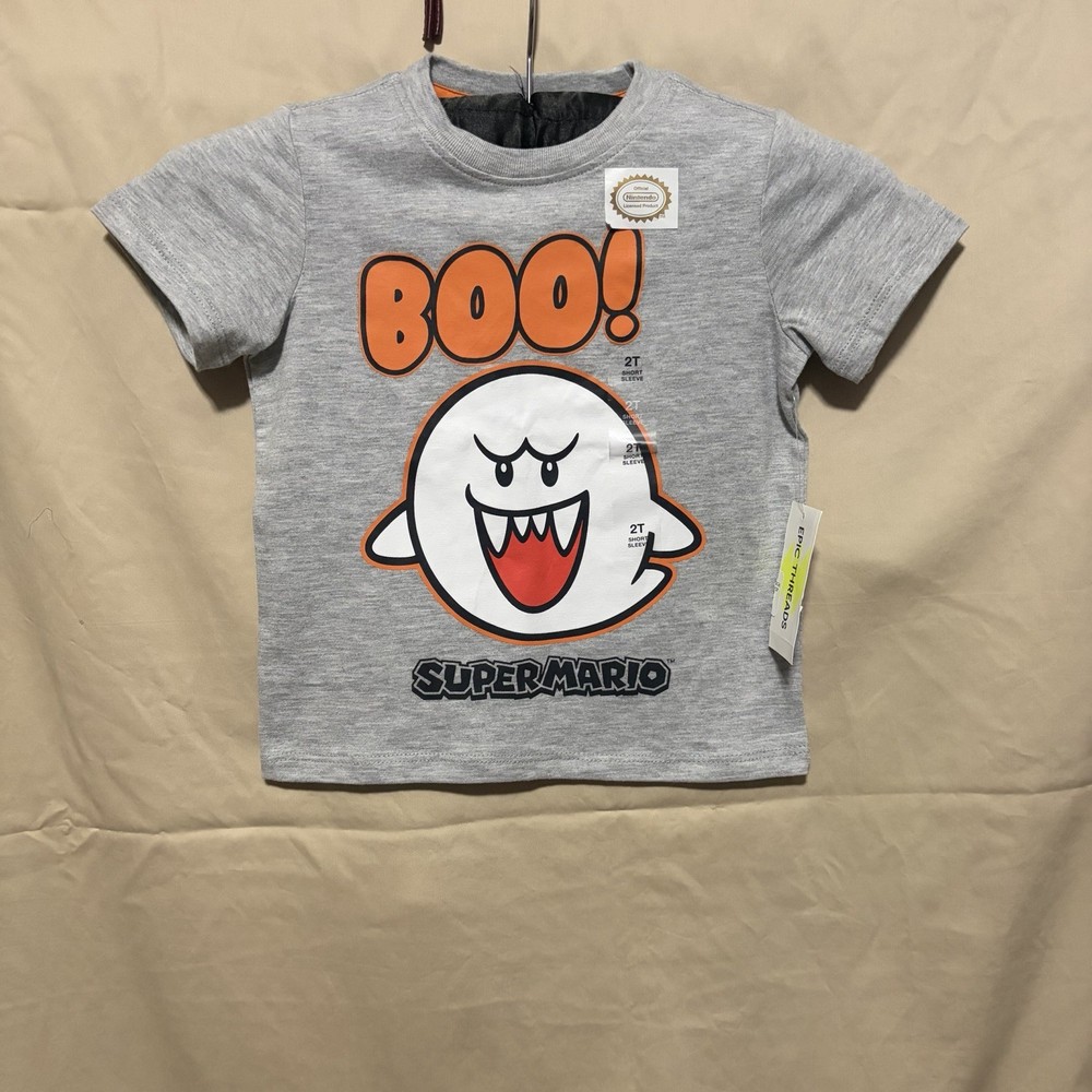 Super Mario Boo Ghost Graphic Toddler T-Shirt 2T Gray Short Sleeve Crew Neck