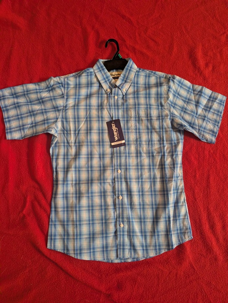 NEW XL Youth Boy's Wrangler Riata Short Sleeve Button Shirt Blue & White Plaid