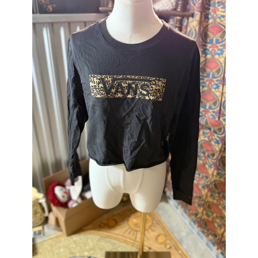 Vans Womens Black Leopard Print Box Logo Cropped Long Sleeve T-Shirt Large