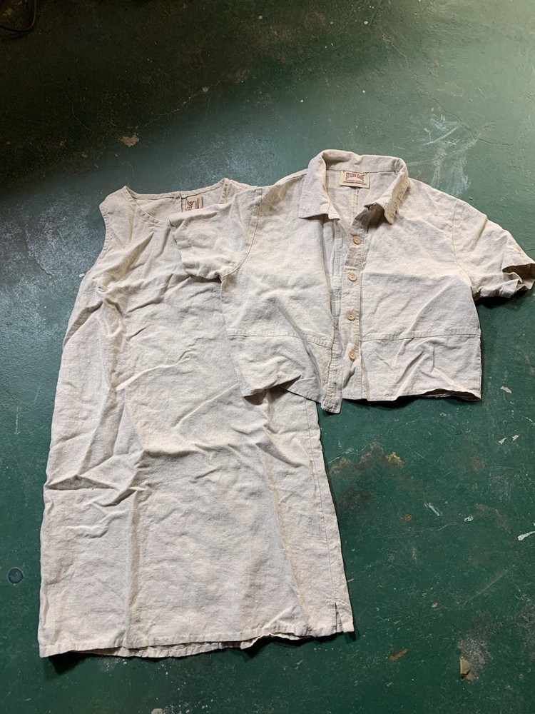 Studio Ease Linen Two Piece Set Beige Dress & Short Sleeve Shirt One Size