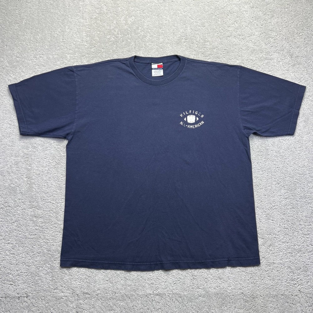 VINTAGE Tommy Hilfiger T-Shirt Mens XL Navy Blue All-American Football Graphic