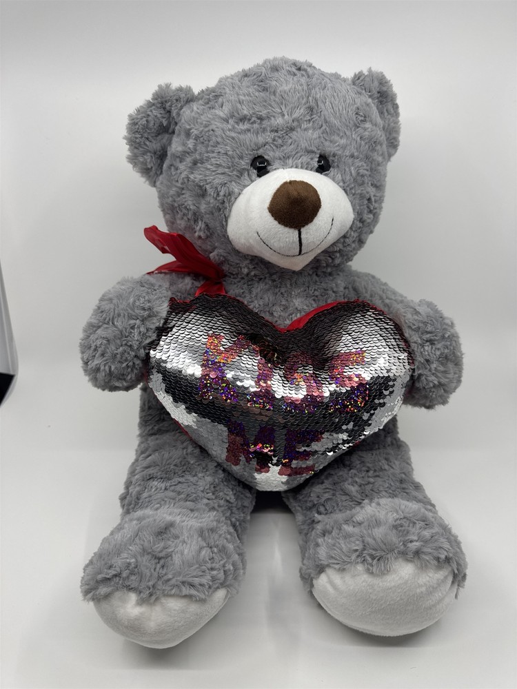 Valentines Day Grey Teddy Bear with Sequin Heart Stuffed Animal