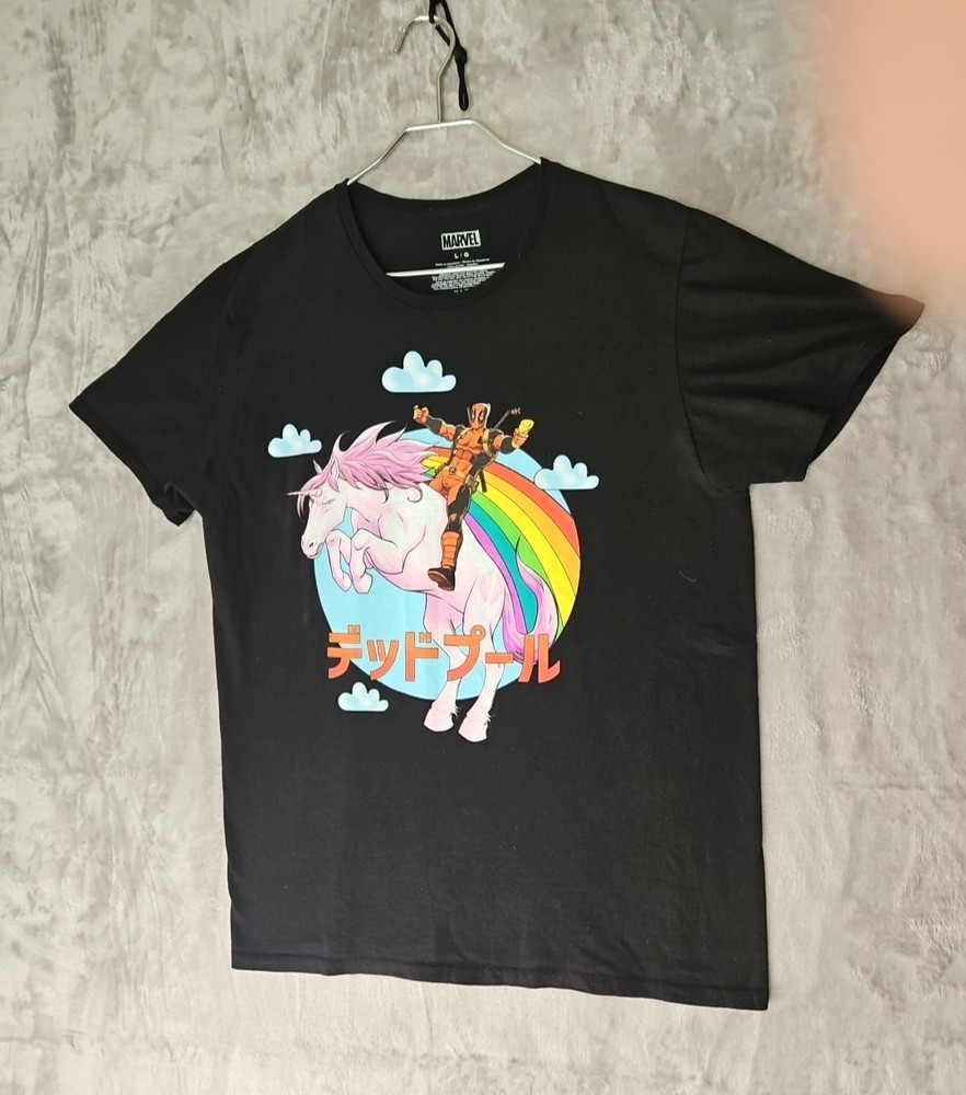 Marvel Deadpool Riding Unicorn Shirt Size L Black Rainbow  Japanese Letters