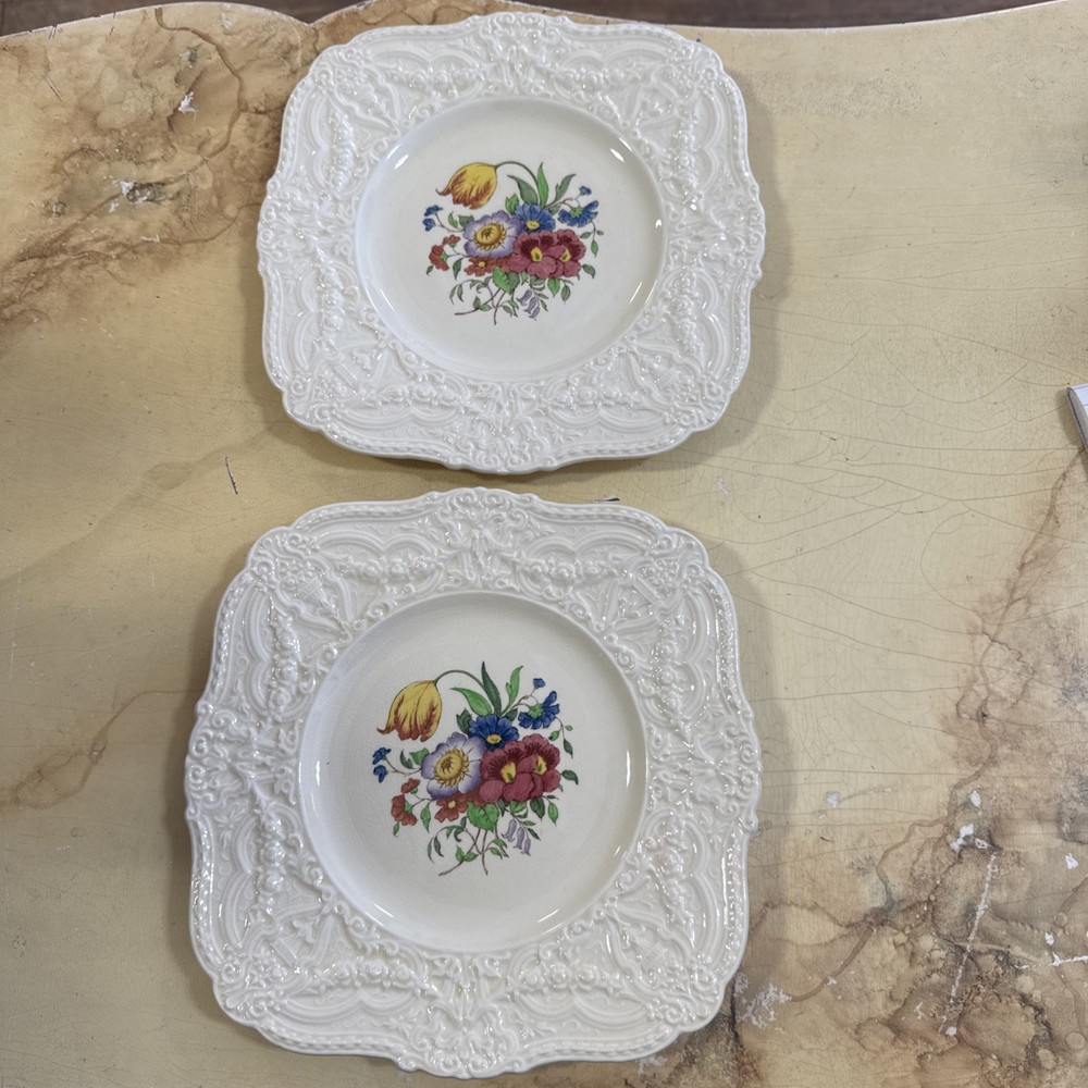 ROYAL CAULDON ENGLAND 8.5” Embossed Floral Square Plate 2 Plates