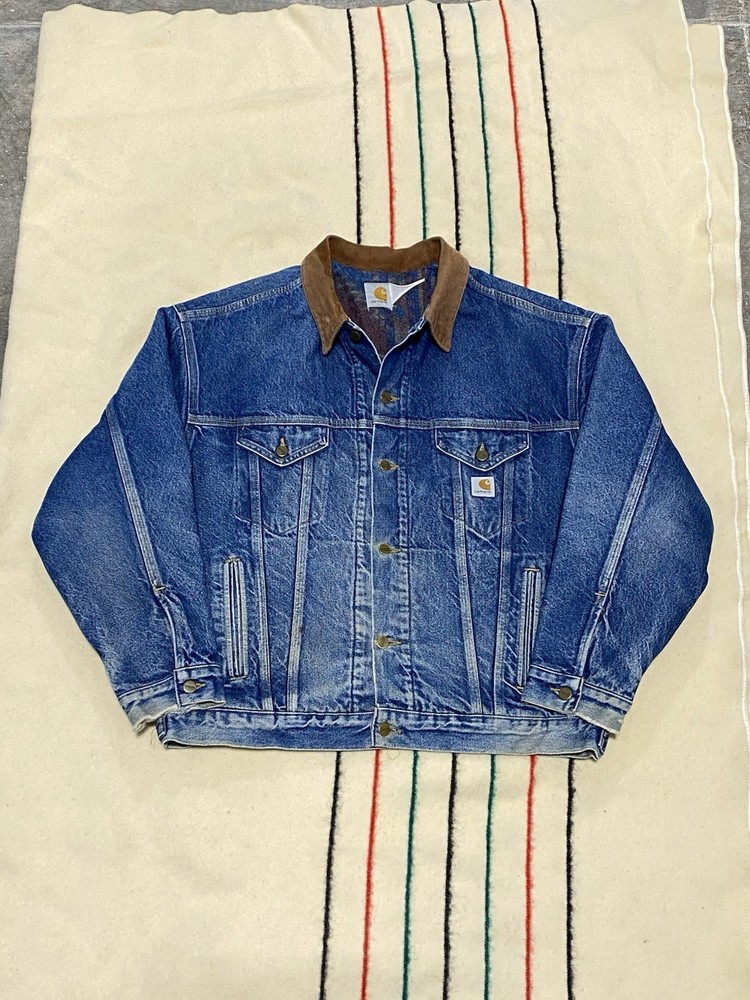 Vtg Carhartt Blue Denim Trucker Jacket Blanket Aztec Lined Corduroy Collar XXL