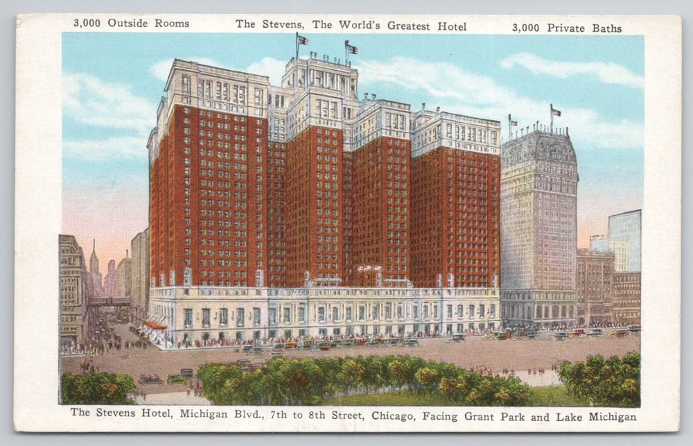 Stevens Hotel Chicago Postcard 1933 World's Fair Linen Michigan Ave Grant Park