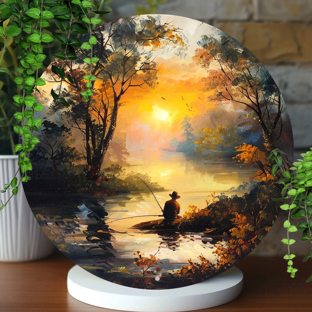 Vintage Autumn Fishing Scene Round Aluminum Wall Art