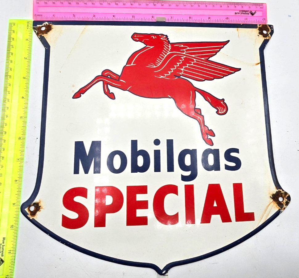 VINTAGE MOBILGAS SPECIAL PORCELAIN SIGN DEALERSHIP GAS MOBIL MOTOR OIL PEGGY GAS