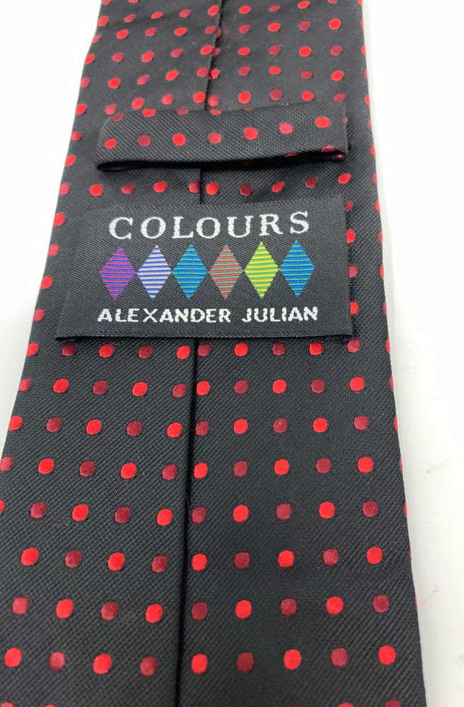 Alexander Julian Colours Black With Red Polka Dots Handmade Tie 100% Polyester