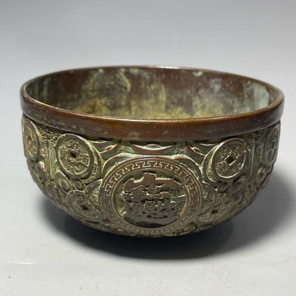 bronze sculpture fengshui bring in wealth and treasure carved coin dragon bowl