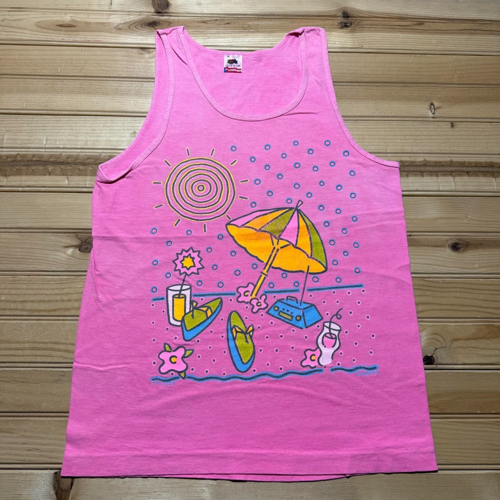 Vintage 90s 1990 Coastal Neon Summer Surf Beach Vibes Tank Top USA - Size Medium