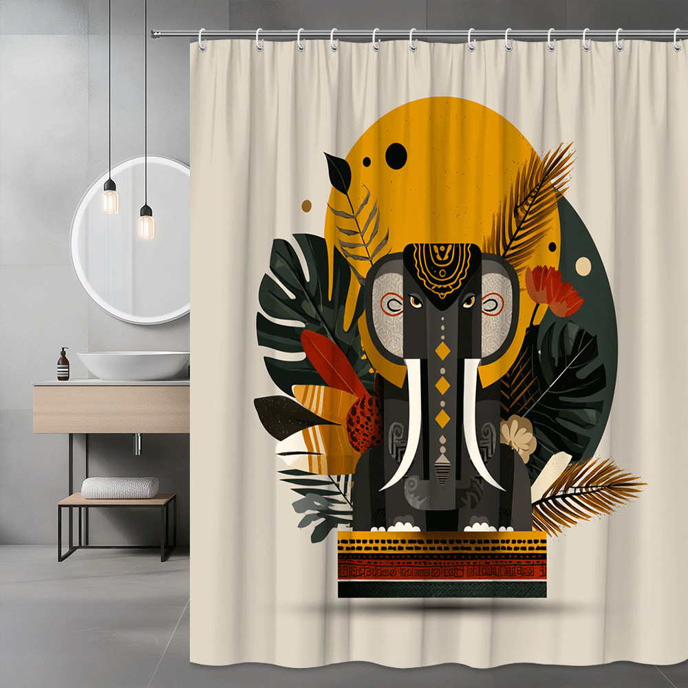 Elephant Graphic Shower Curtain Boho Tropical Leaf Print