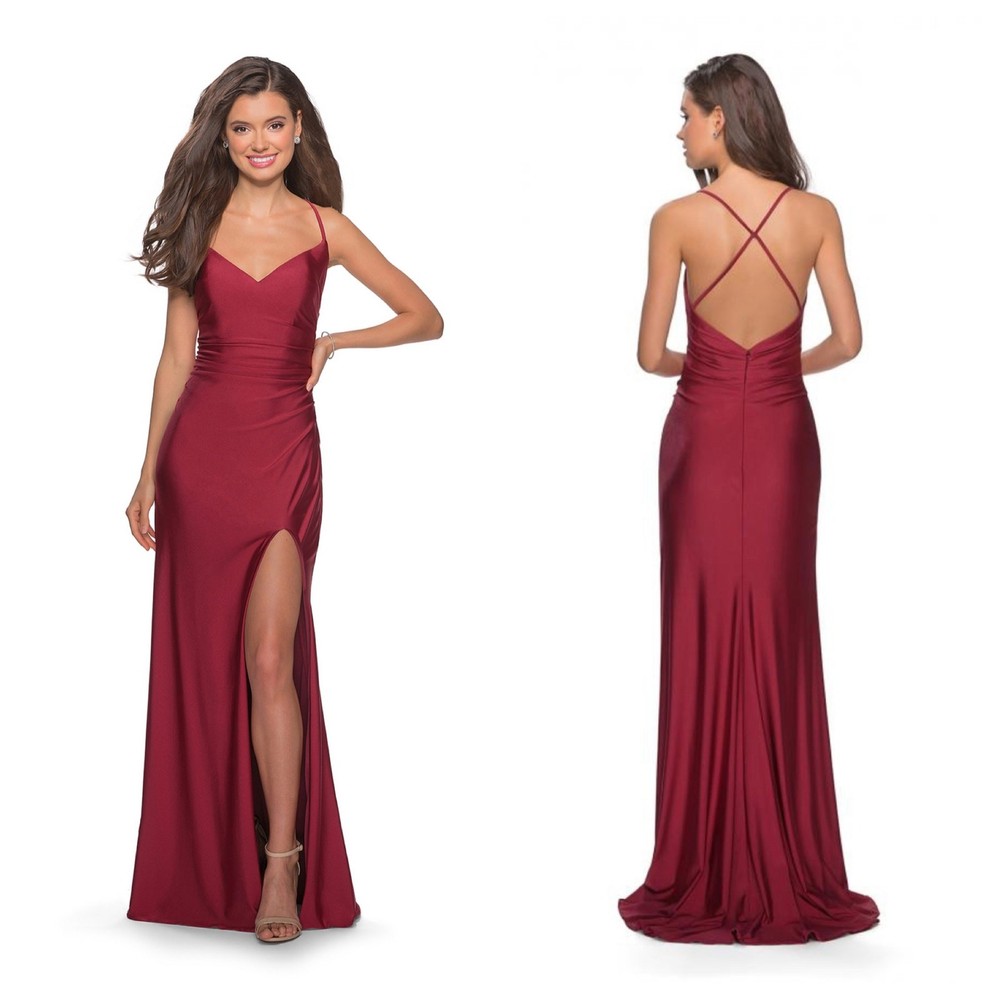 La Femme Cross Back Satin Jersey Trumpet Gown - Burgundy - 2