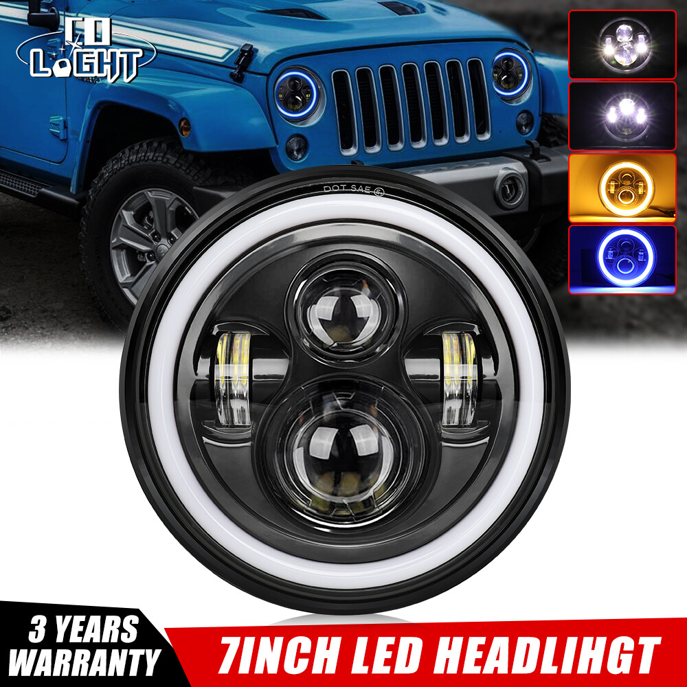 7'' Round LED Headlight Blue Halo Amber Turn Signal For Jeep Wrangler JK LJ CJ