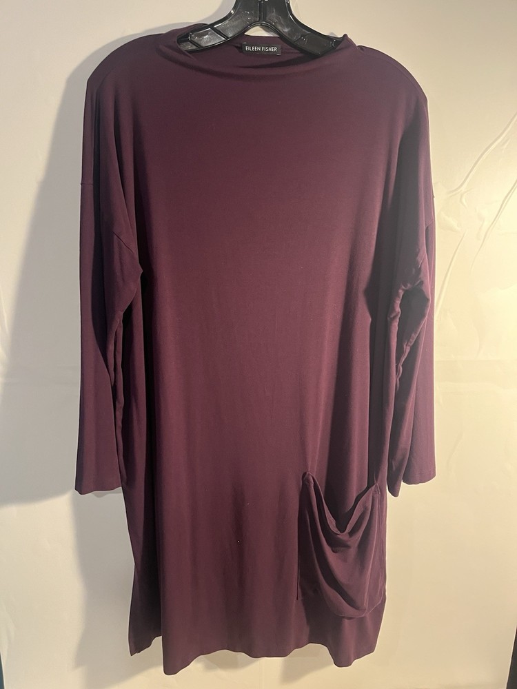 Eileen Fisher Purple Long Sleeve Shift Dress Pocket Round Neck Knee Length