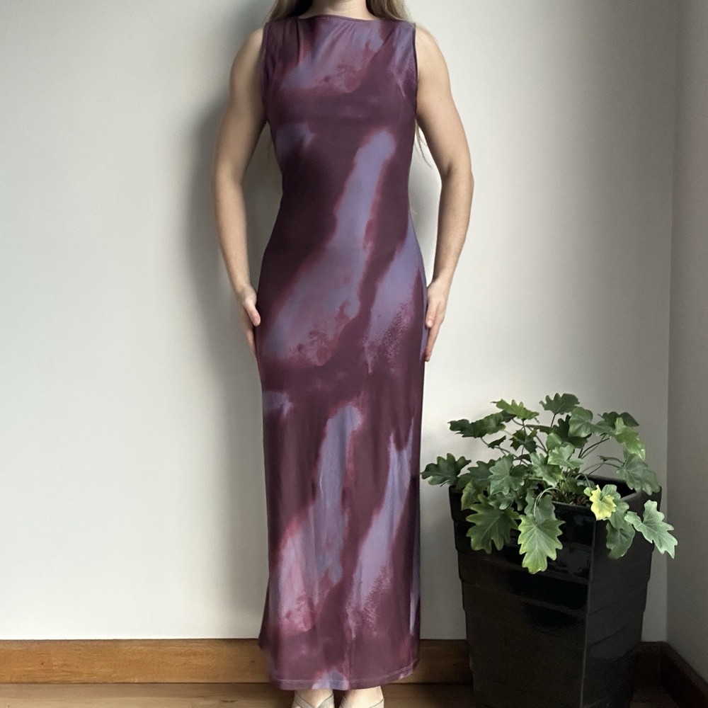 Motel Women's Large Wine & Purple Watercolour High Neck Mesh Maxi Dress