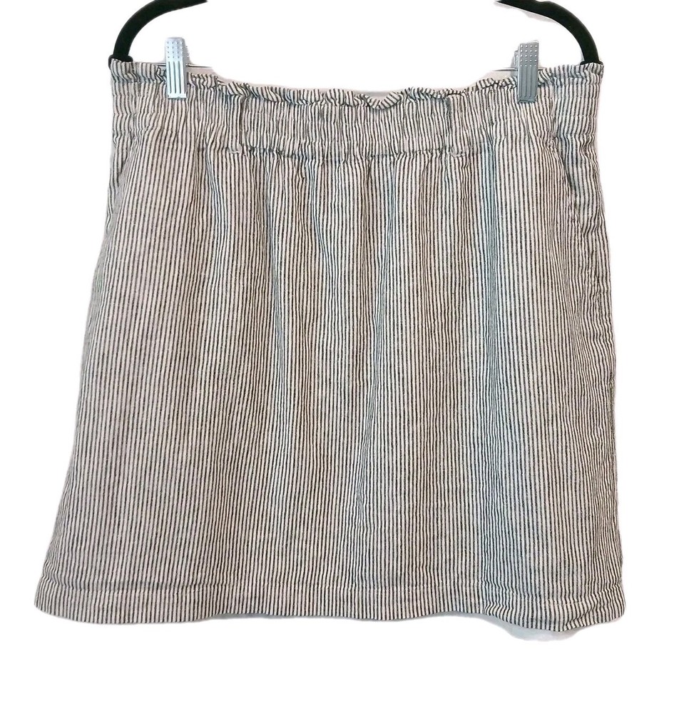 J Crew Skirt Womens Large  Black/White Stripe Linen Bld Elastic Waist Seersucker