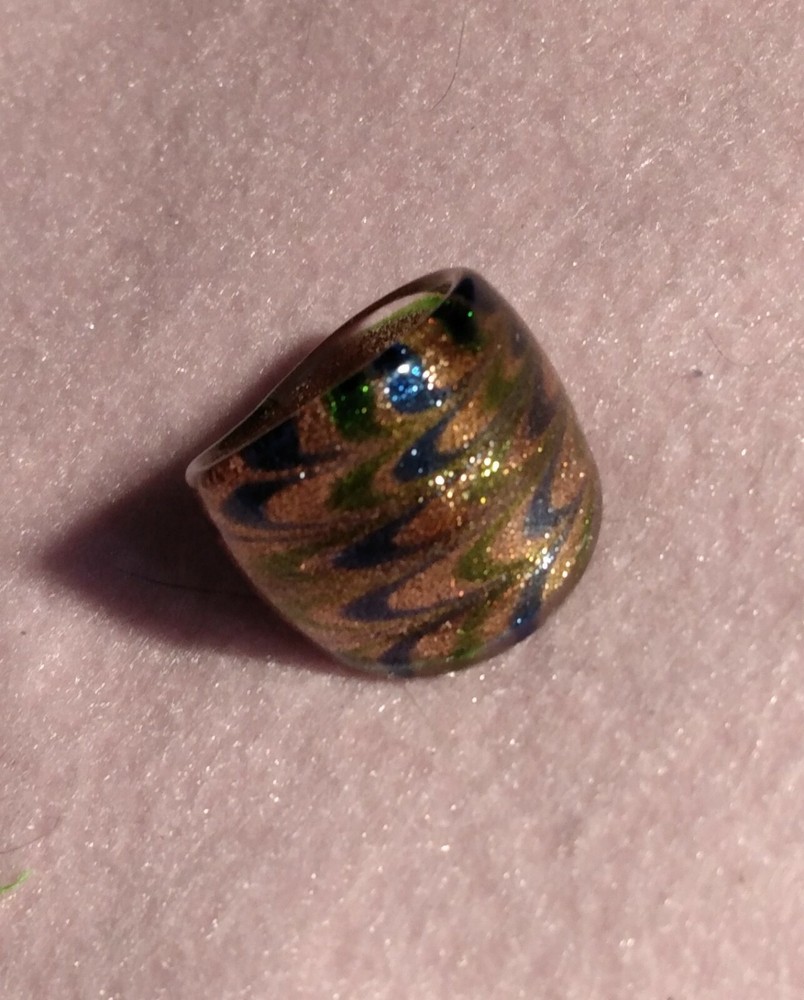 Handmade Art Glass Ring abstract dome metallic rose gold with green & blue sz8-image