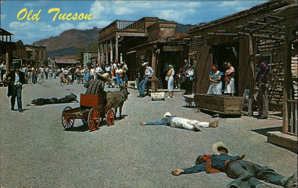 Old Tucson Arizona gun battle show main street cowboys unused vintage postcard