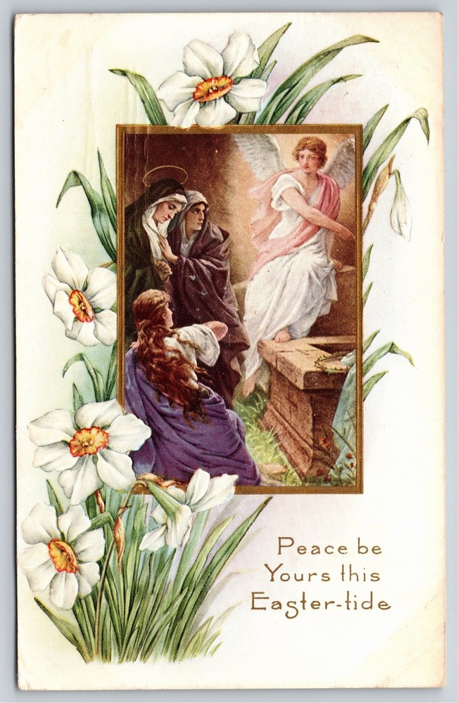 Whitney~Peace Be Yours This Easter-Tide~Angel Scene In Frame W/ Flowers~Postcard