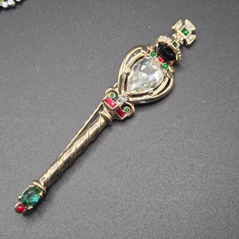 Trifari Scepter Brooch Gold Tone Pear Clear Stone Green Red Royal Theme
