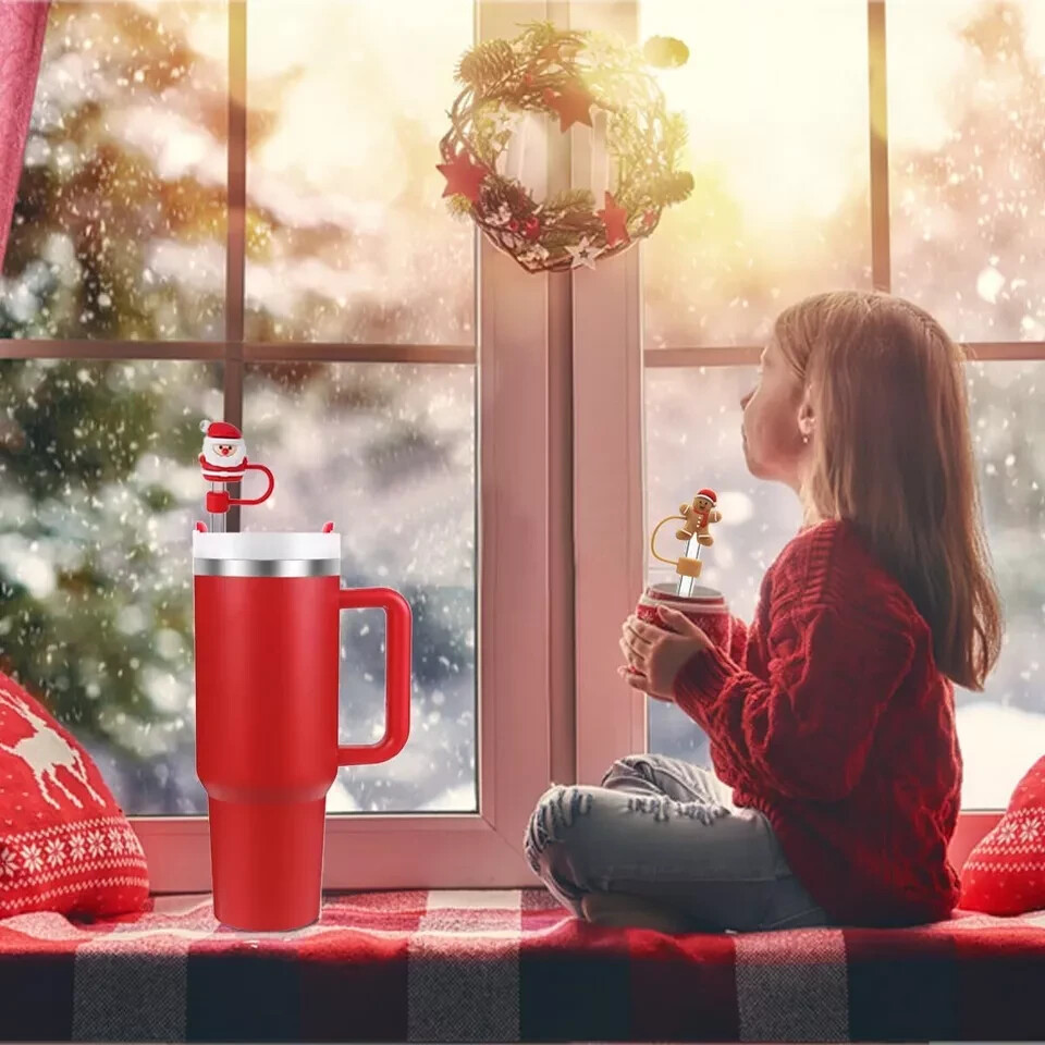 8PCS 3D Christmas Straw Covers for Stanley Cups, Festive Silicone Straw Toppers