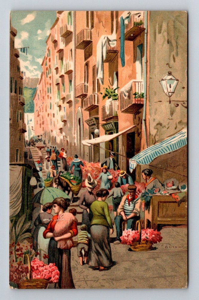 Italy- Naples Chiaia Steps Busy Market Street Old Post View PC Vintage Postcard