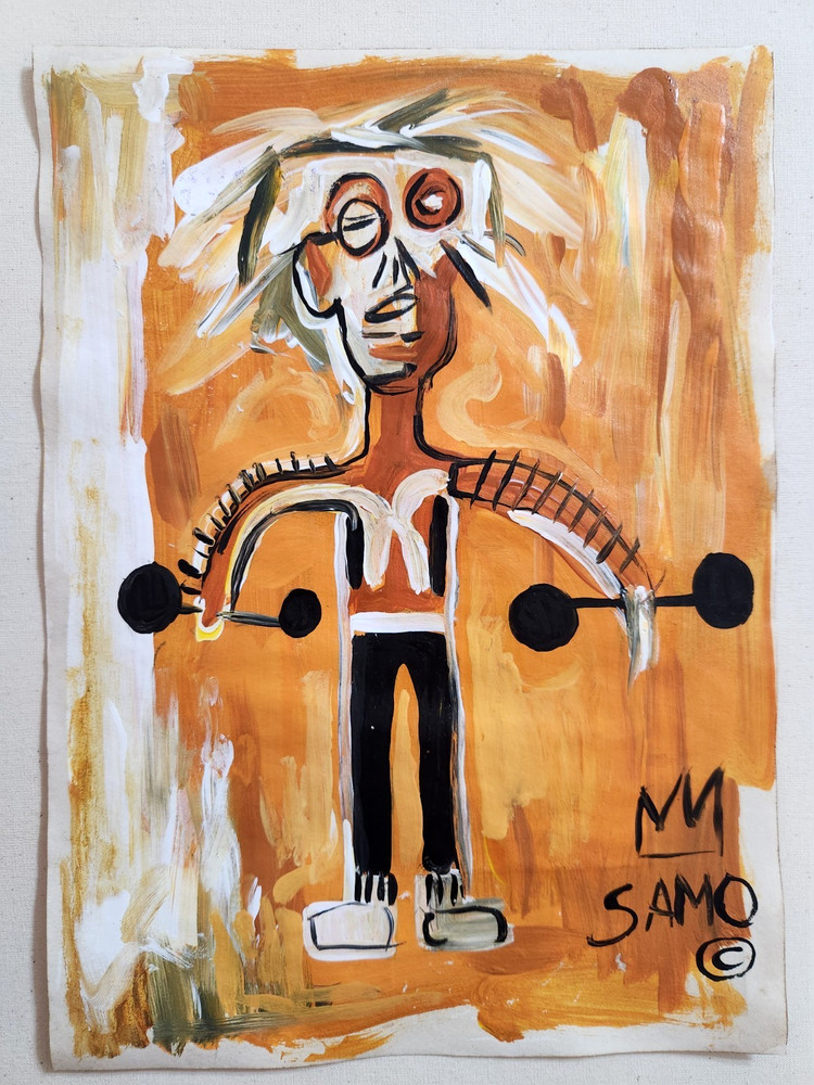 JEAN MICHEL BASQUIAT 12x9 in. Painting on paper (Andy Warhol) signed & stamped