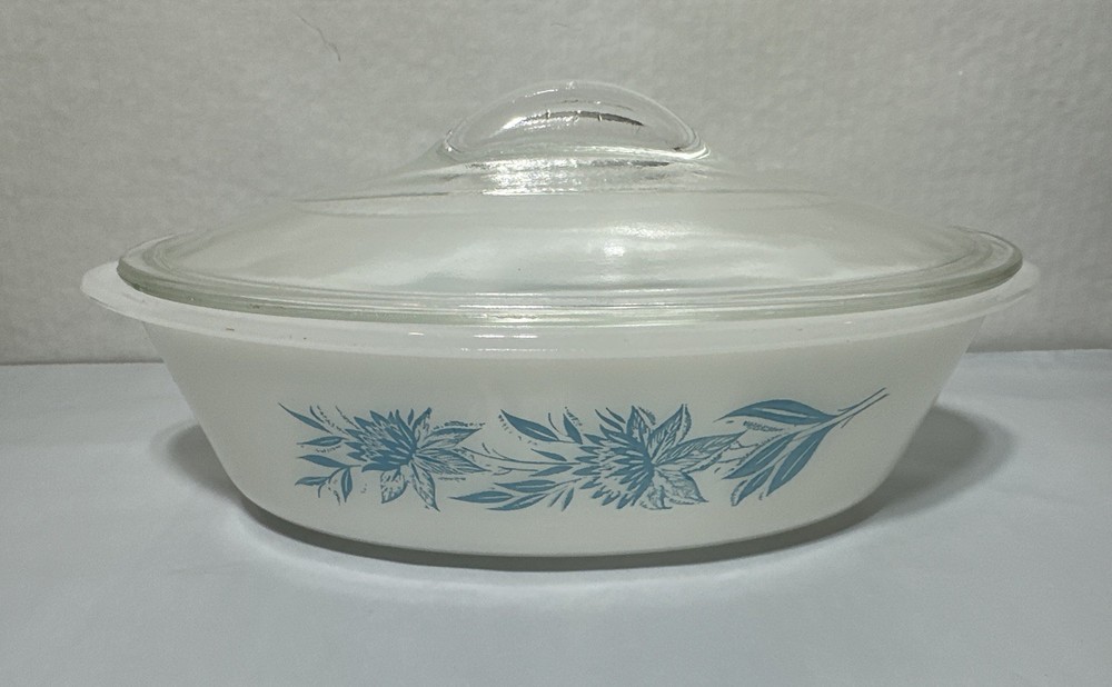 Vintage Glasbake Milk Glass Blue Flowers Casserole Dish w/ Lid J235 - 1 Qt.