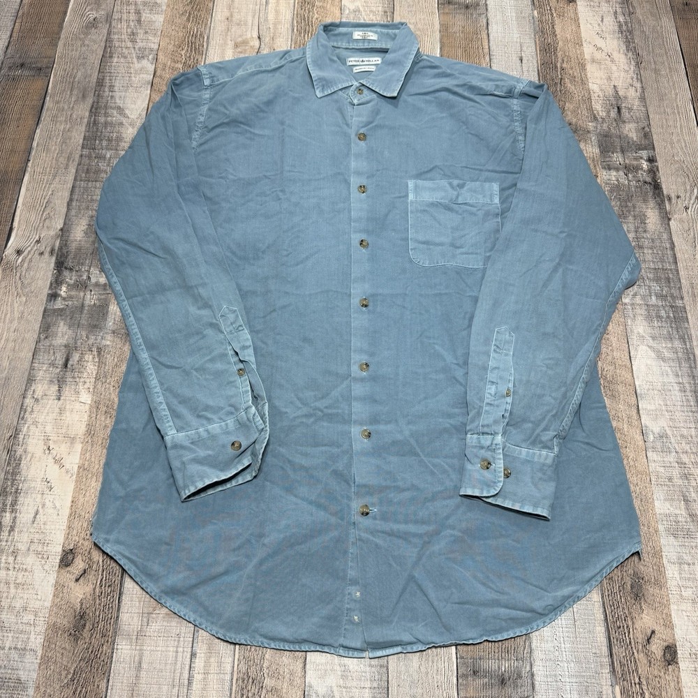 Peter Millar Shirt Mens Large Blue Mountainside Chambray Silk Blend Long Sleeve