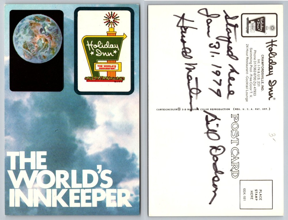 1977 Holiday Inn Crawfordsville IN Postcard THE WORLD'S INNKEEPER Earth Logo