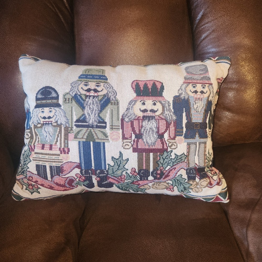 VTG Nutcracker Holly Berry Tapestry Accent Throw Pillow Christmas Decor 15x12in-image