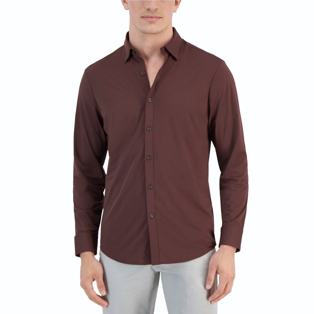 Alfani Men's Brown Jersey Yarn-Dyed Alfatech Casual Performance Shirt Size S