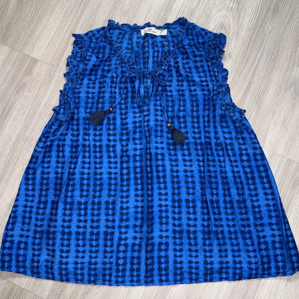 Vineyard Vines Blue Ruffle Tie Neck Tassel Sleeveless Blouse Top Womens Large