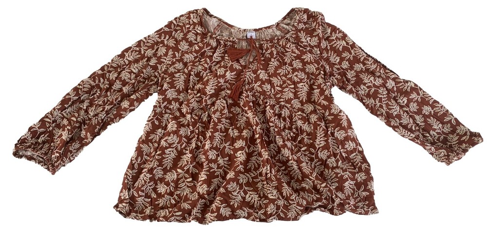 Old Navy Brown Leaf Print Rayon Cropped Peasant Top Size S with Tassels