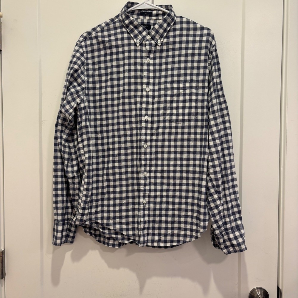 J.Crew Mens Slim Cotton Linen Gingham Button Down Shirt Navy Blue White Large