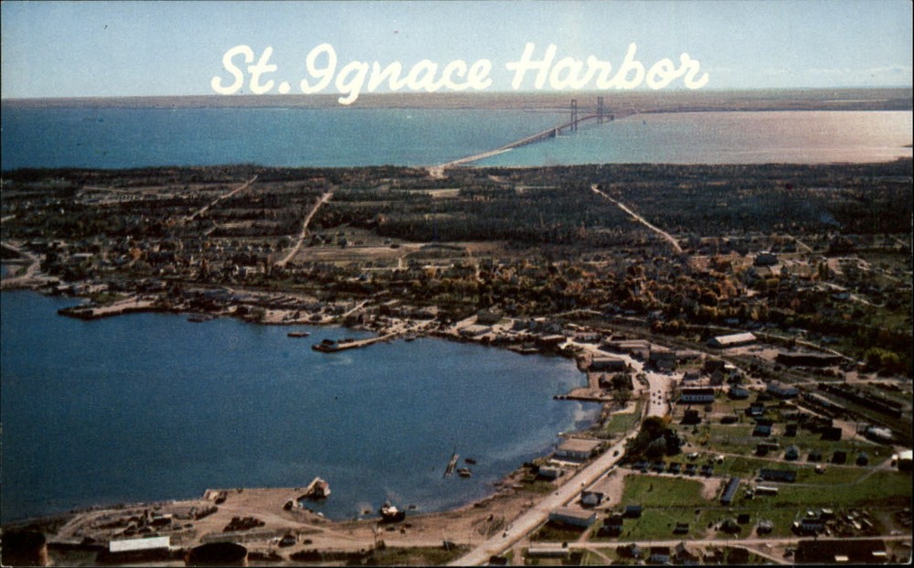 St Ignace Harbor and Mackinac Bridge ~ Michigan aerial view ~ 1960s postcard