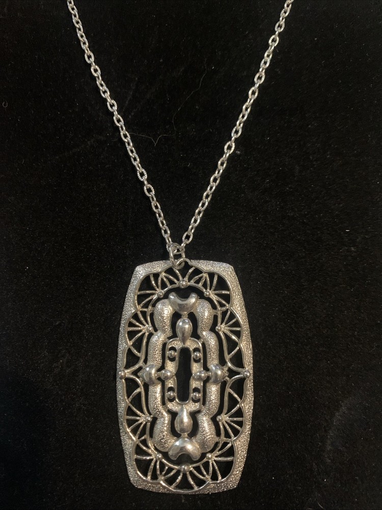 Vintage JJ Jonette Marked Necklace Silver Tone Filagree Art Deco Pendant 24”