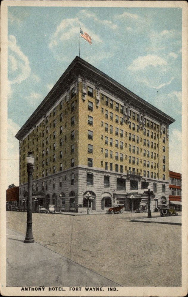 Anthony Hotel Fort Wayne Indiana antique cars flag ~ 1920s vintage postcard