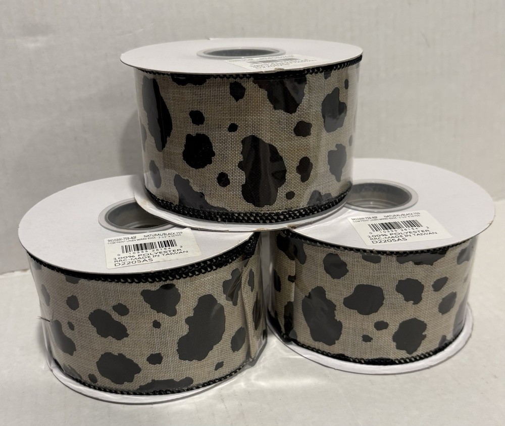 Lot of 3 Reliant Ribbon Cow Print linen WEdge  2 1/2”x10 yards 94103W-759-40F