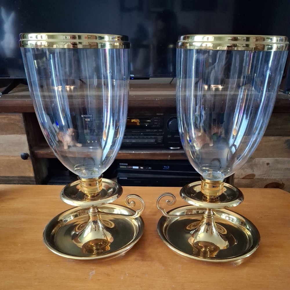 Pair Of Virginia Metalcrafters Brass 15” Candlestick Holder Hurricane Glass